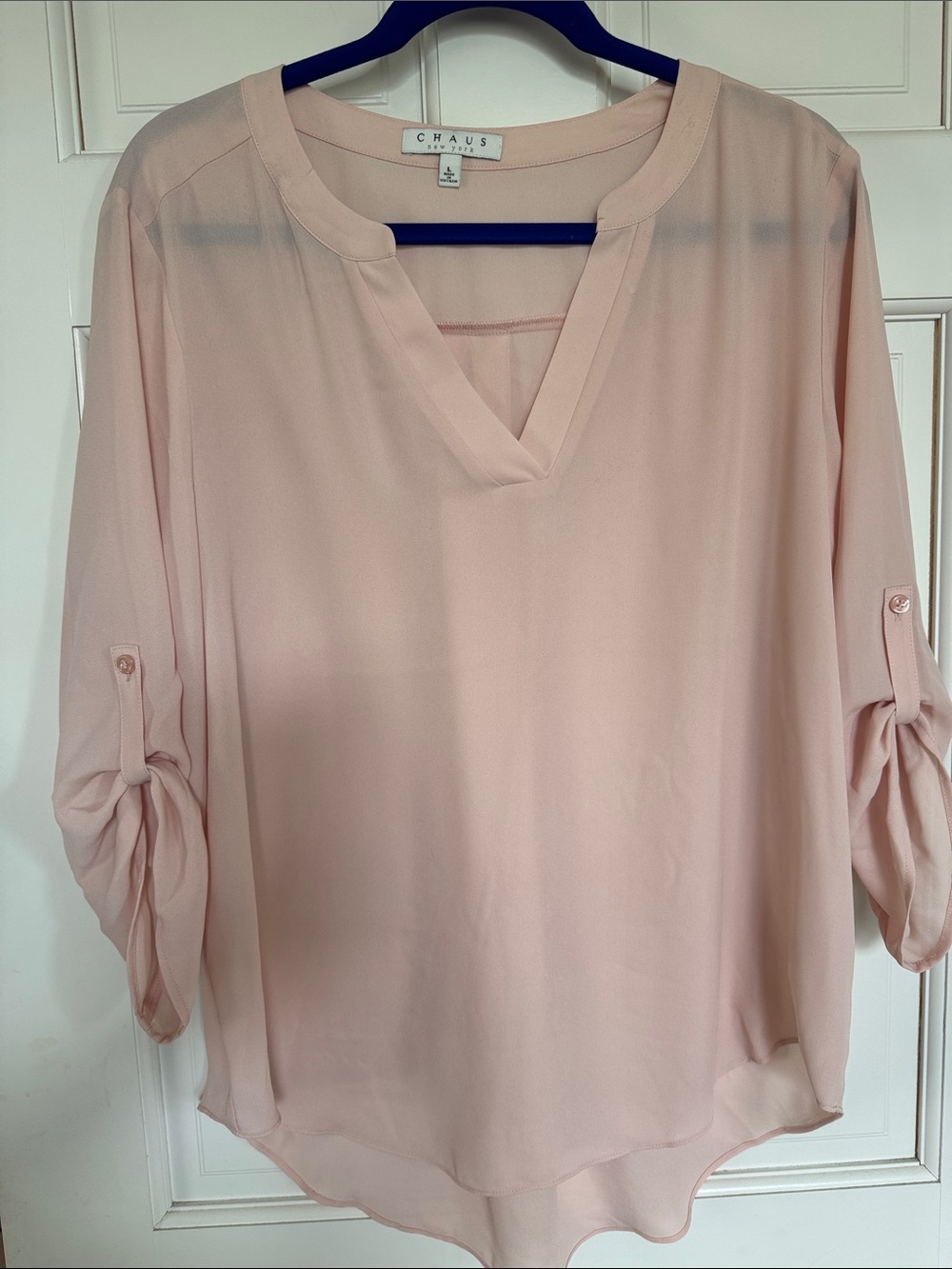 Chaus Pale Blush Pink V-Neck Roll-Tab Blouse